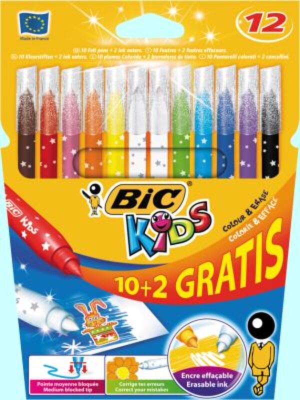 Bic 10+2 Μαρκαδόροι Ζωγραφικής Kids Colour & Erase (880507)
