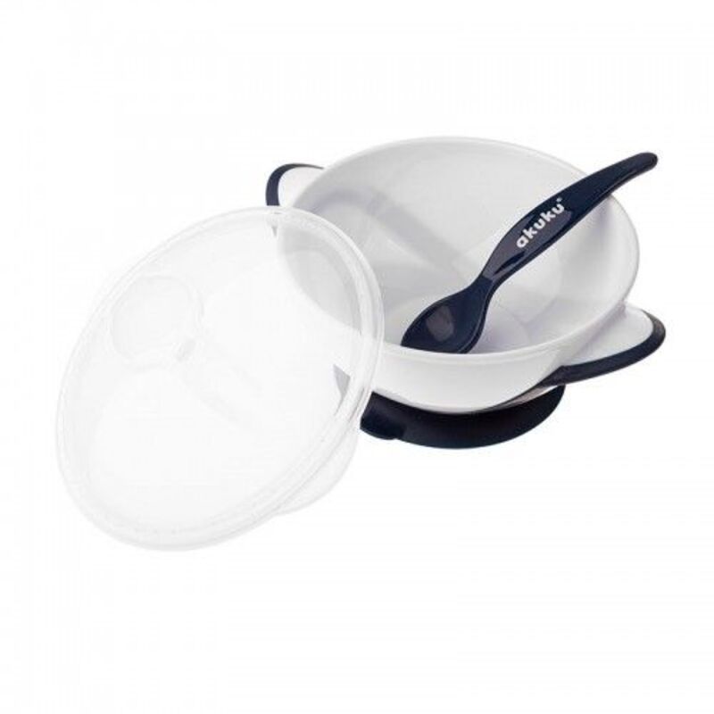 Akuku Μπολάκι Με Κουτάλι & Βεντούζα 9m+ White-Navy Blue (A0503)