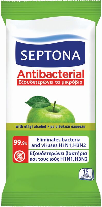Septona Αντιβακτηριδιακά Μαντηλάκια Refresh Πράσινο Μήλο-15Τμχ (1108030015043)