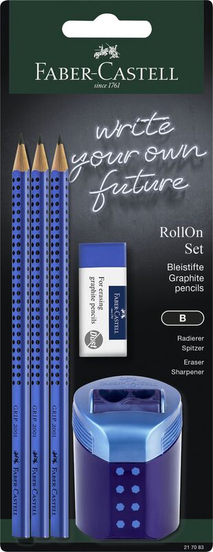 Faber Castell Μολύβια Grip Μπλε 3Τμχ & Γόμα DF & Ξύστρα Roll-On (12310977)